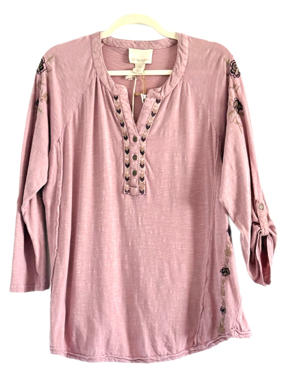 Cynthia Rowley Dusty Rose Embroidered Henley Tunic Top 1X